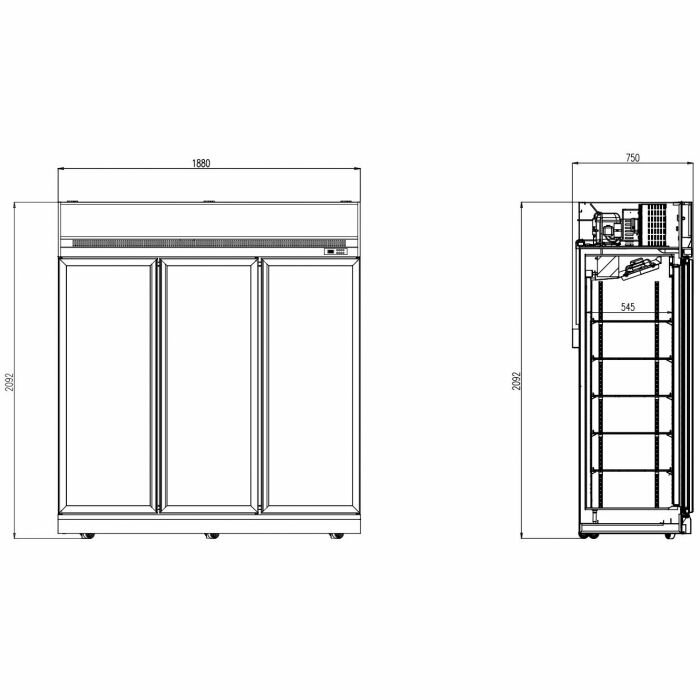 Koelkast 1530L Glazen Deuren Zwart Combisteel