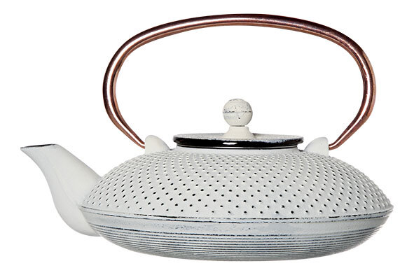 Theepot gietijzer 0,8L mat wit  met koper handvat