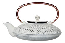 Theepot gietijzer 0,8L mat wit  met koper handvat